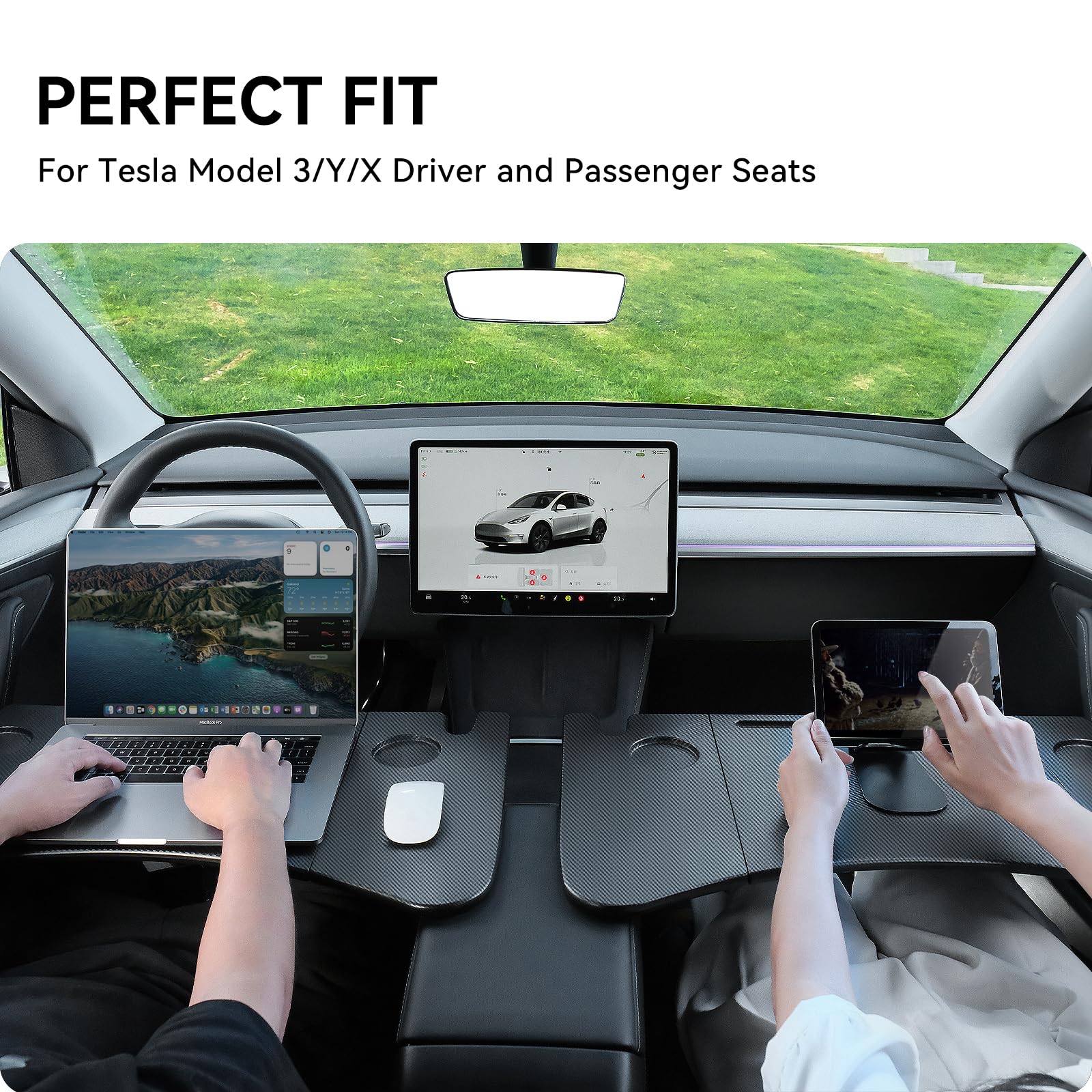 YONZEE foldable desk food tray on Tesla Model 3 enables work or meals