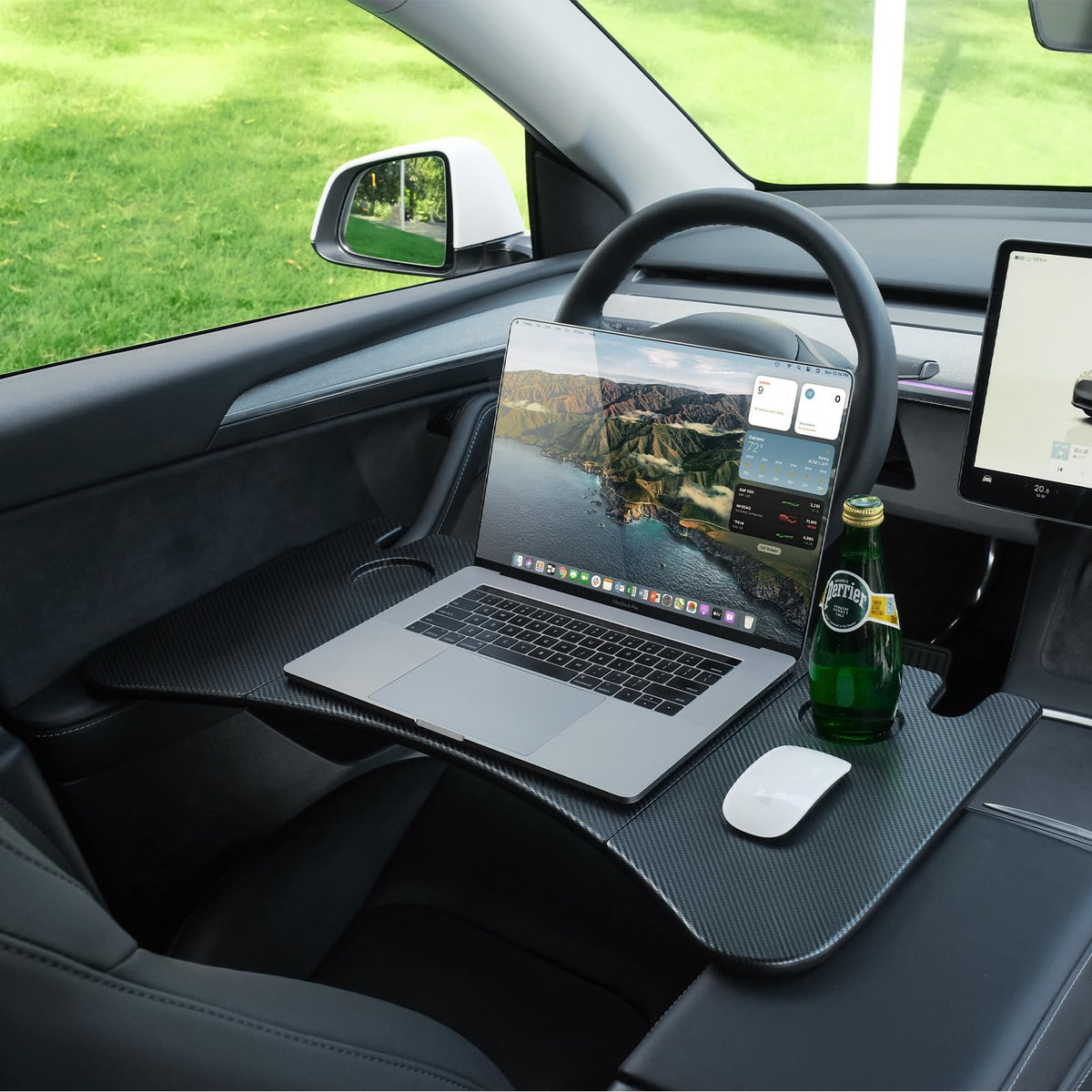 YONZEE foldable desk food tray on Tesla Model Y for convenient in-car dining