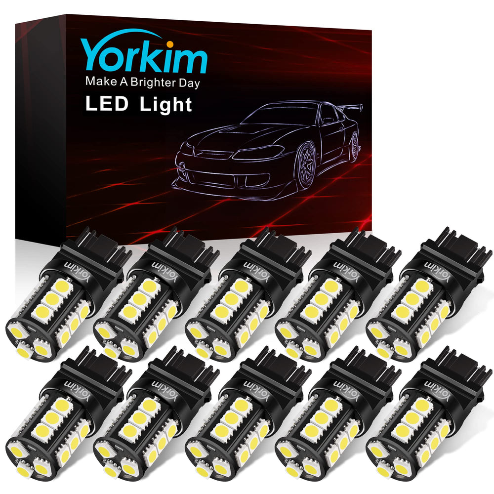 Yorkim 3157 LED bulb brake light with ultra-bright xenon-white glow for better visibility.