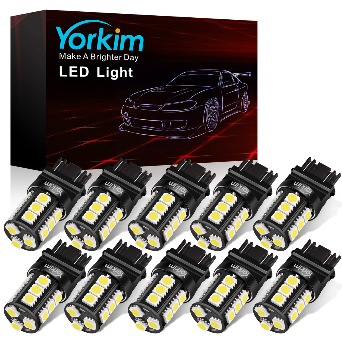 Yorkim 3157 LED bulb brake light with ultra-bright xenon-white glow for better visibility.