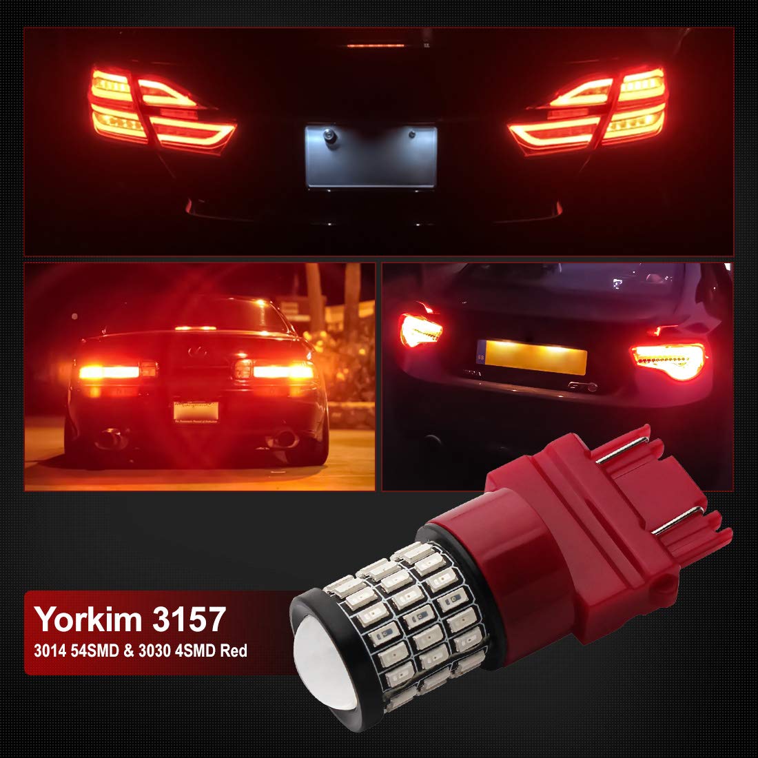 Yorkim 3157 red LED bulb note about 50W resistor for some cars.
