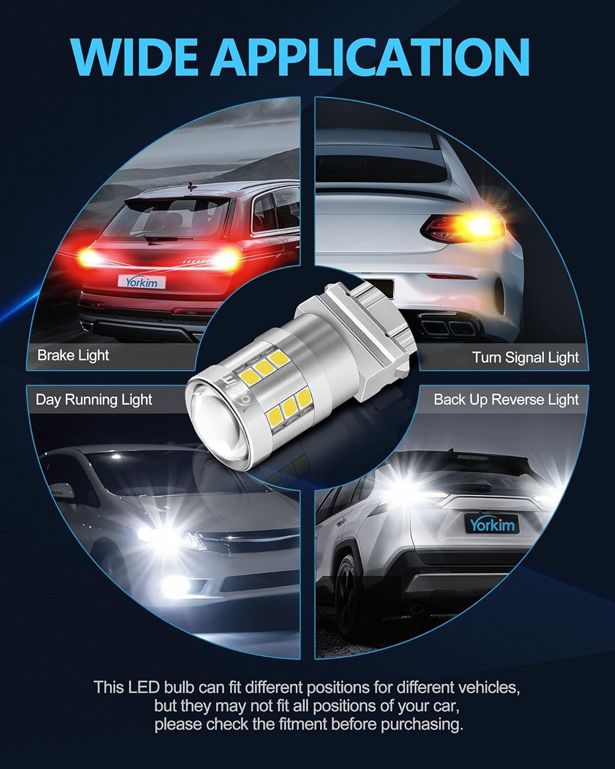 Yorkim 3157 LED bulb compatible with turn signals and parking lights.