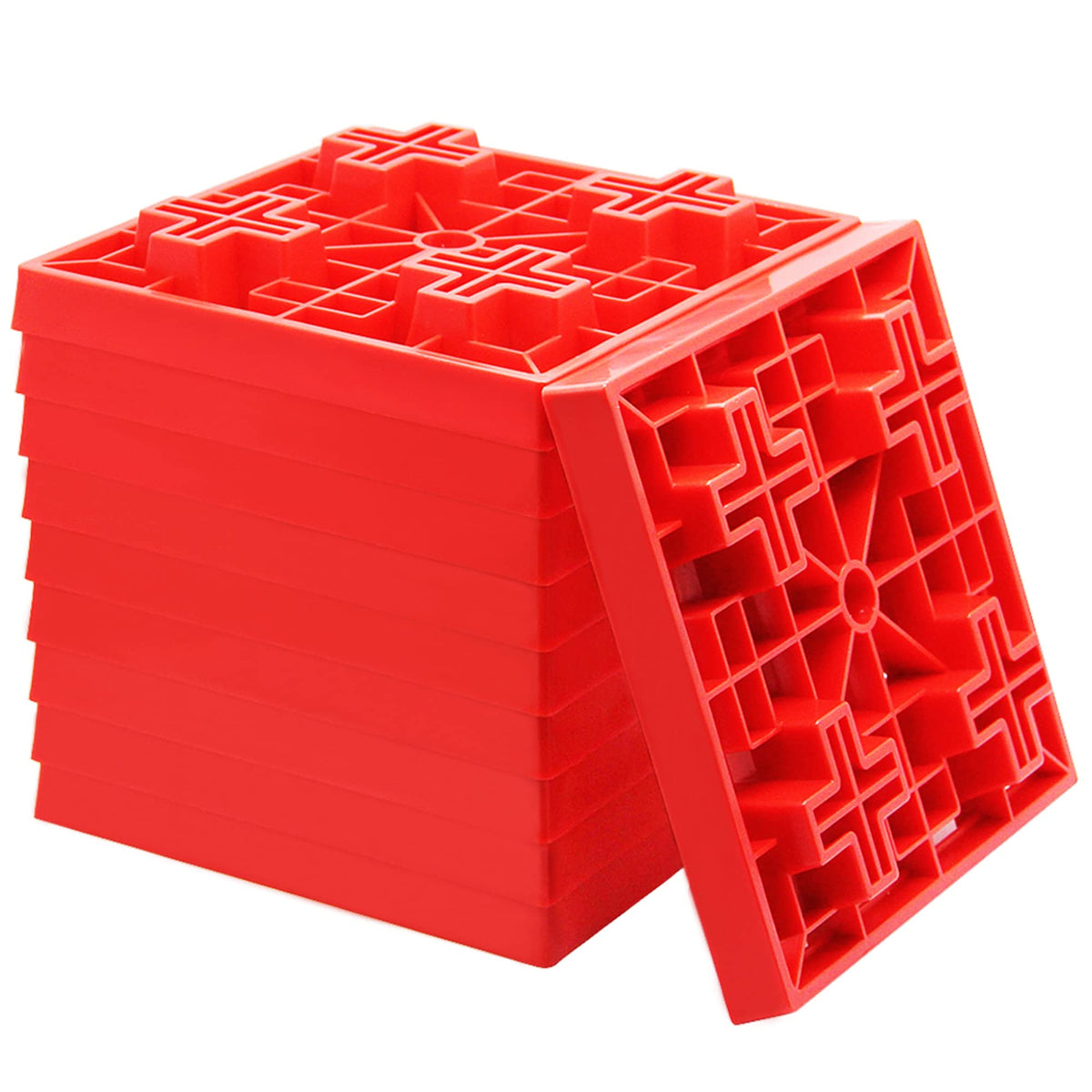 The yosager leveling blocks interlocking 10-pack shown for customizable RV leveling on uneven surfaces.