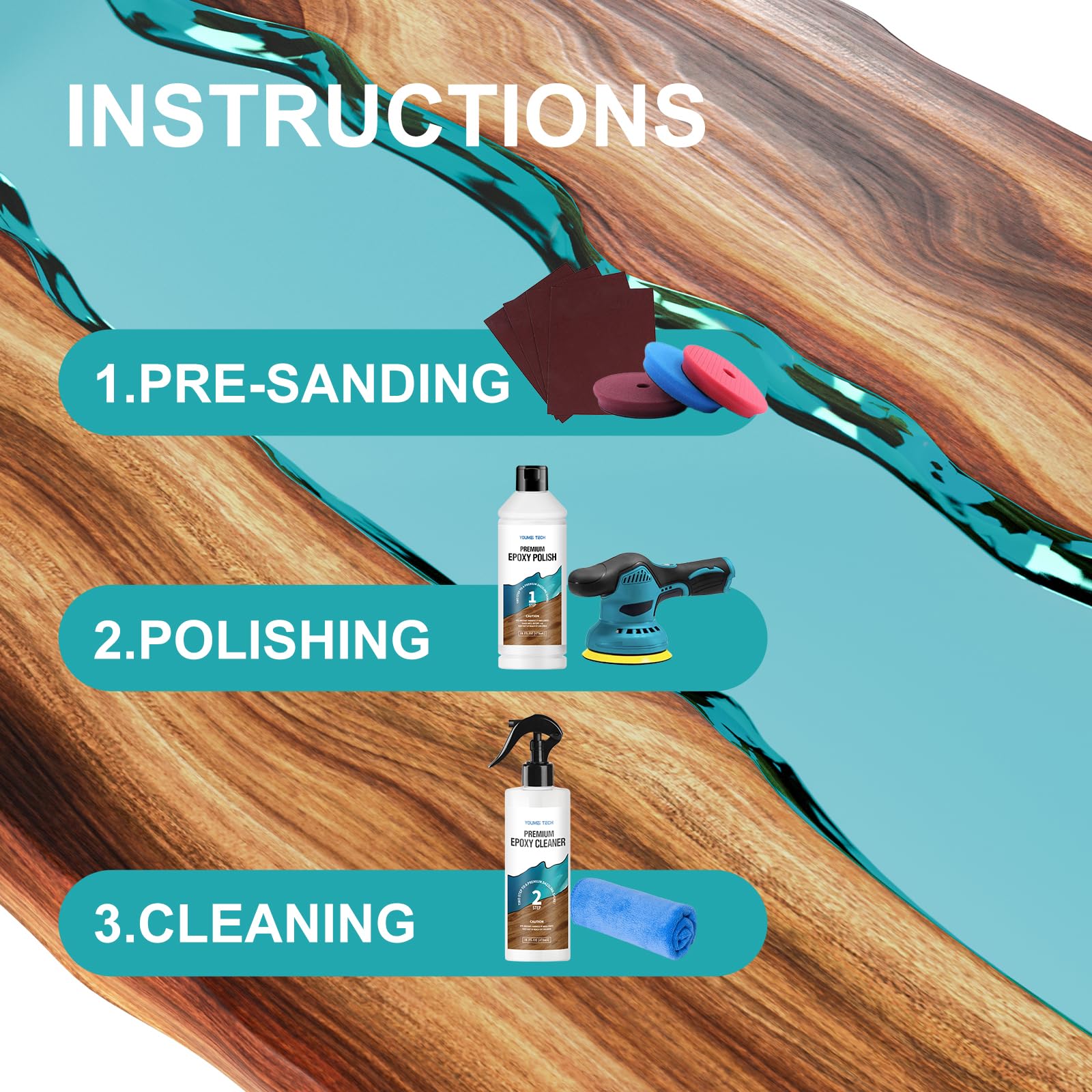 YOUMEITECH tabletop polish finishes a resin surface with a glassy look.