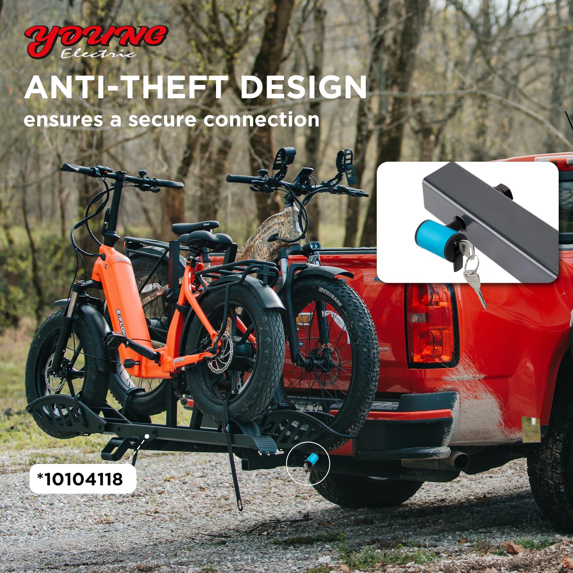 Blue Young Electric pin on hitch demonstrates anti-rattle performance for quiet rides.