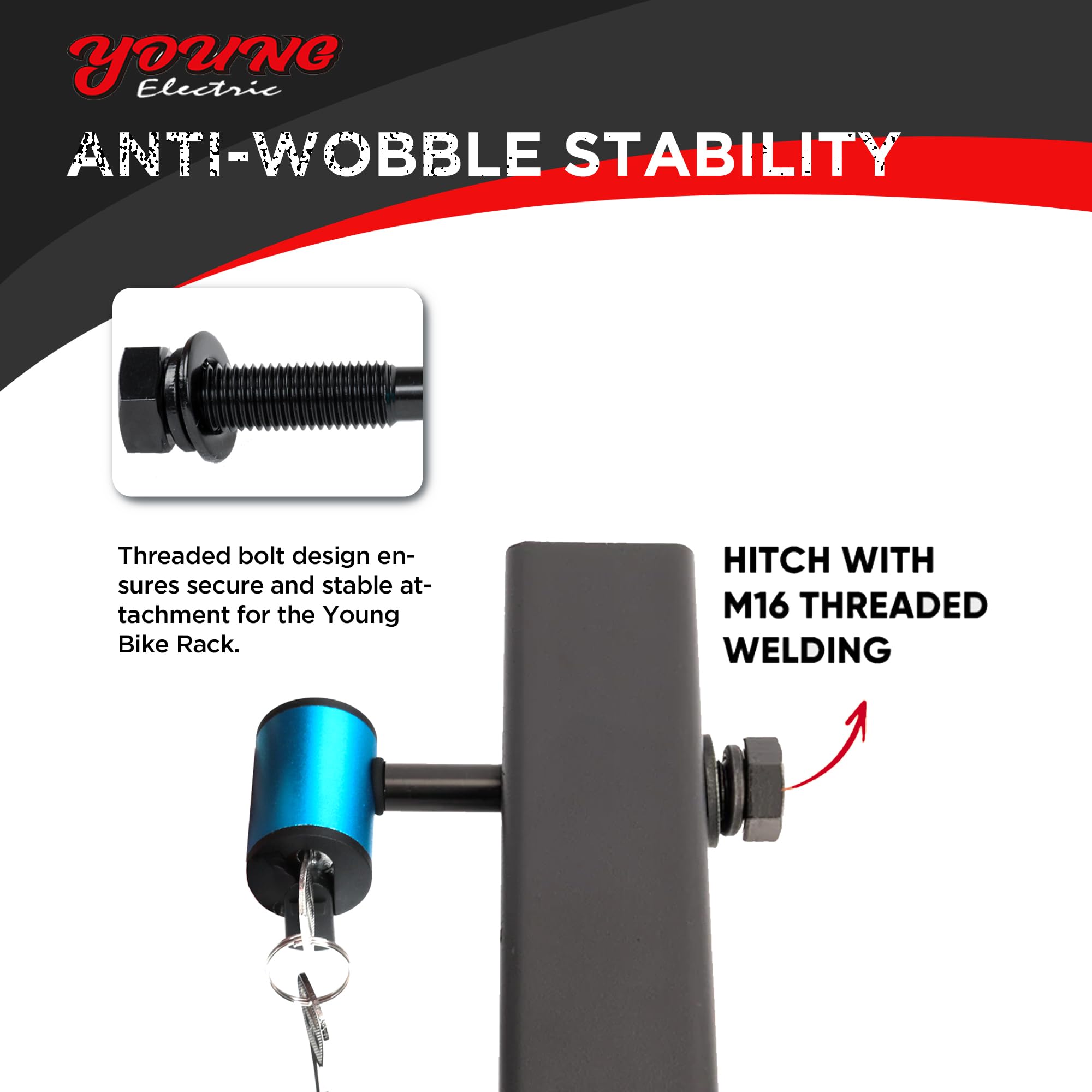 Blue pin on bike rack reduces wobble during highway speeds.
