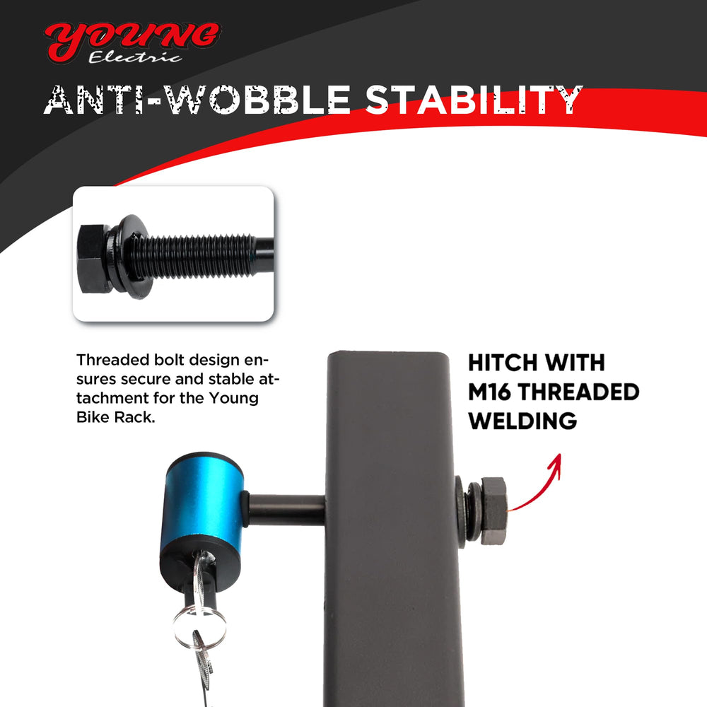 Blue pin on bike rack reduces wobble during highway speeds.