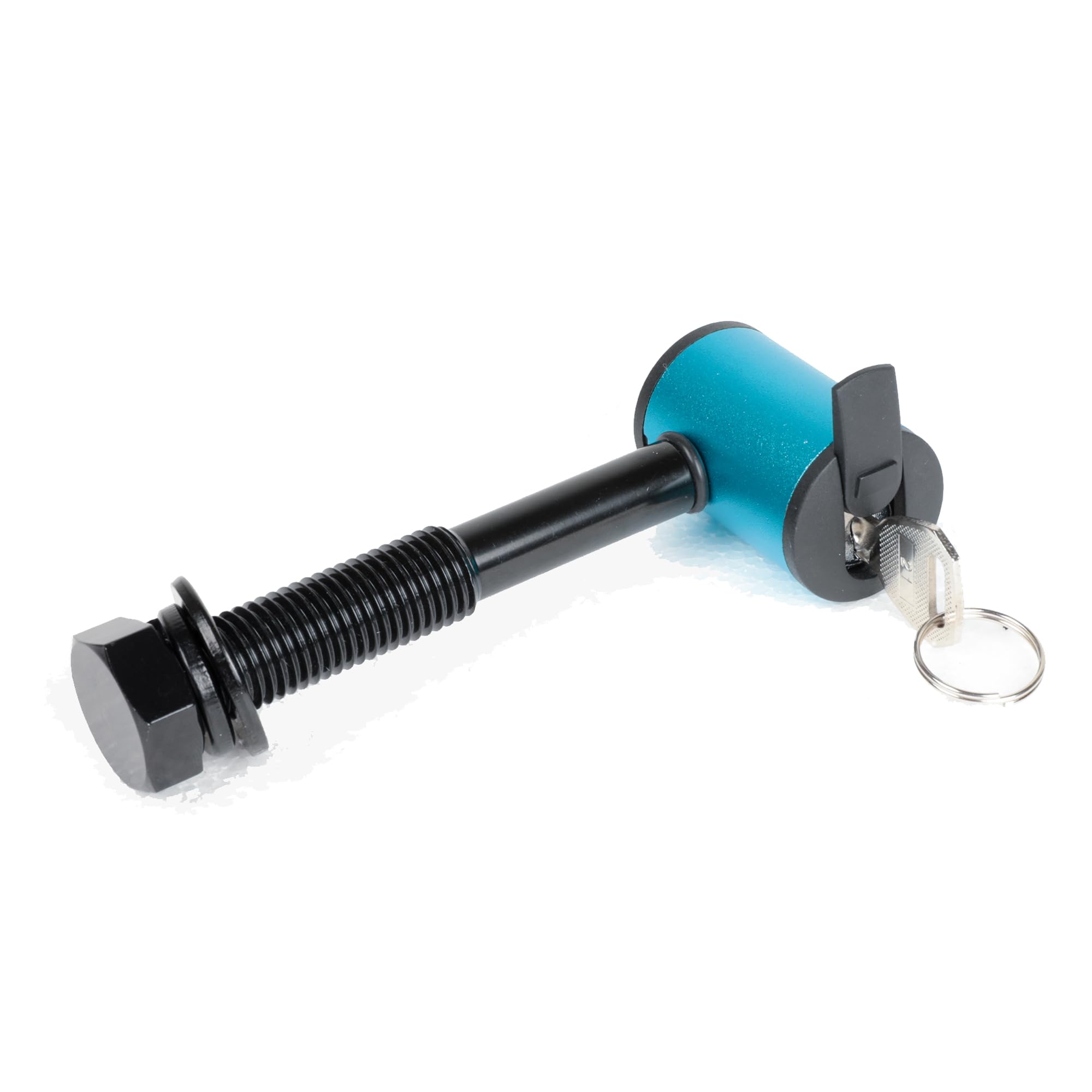 Young Electric M16 blue anti-rattle pin on hitch improves rack stability.