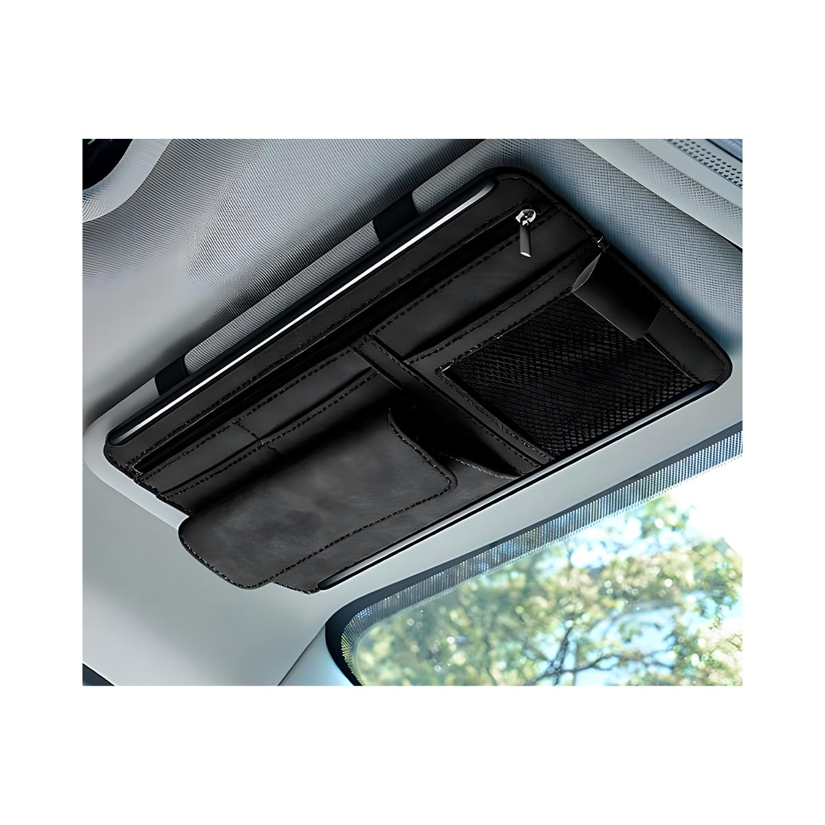 Yourkar car sun visor organizer showing soft leather texture for premium feel and durable storage.