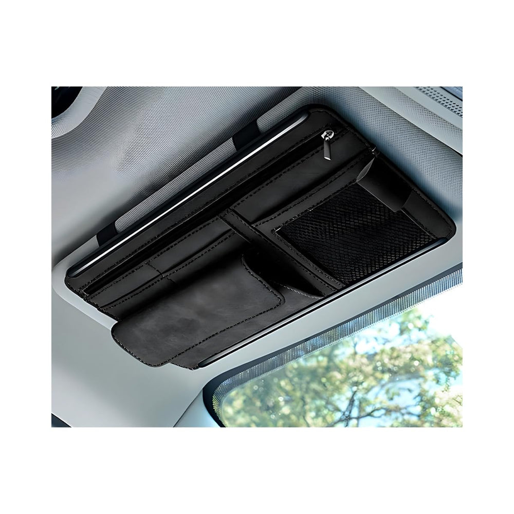 Yourkar car sun visor organizer showing soft leather texture for premium feel and durable storage.