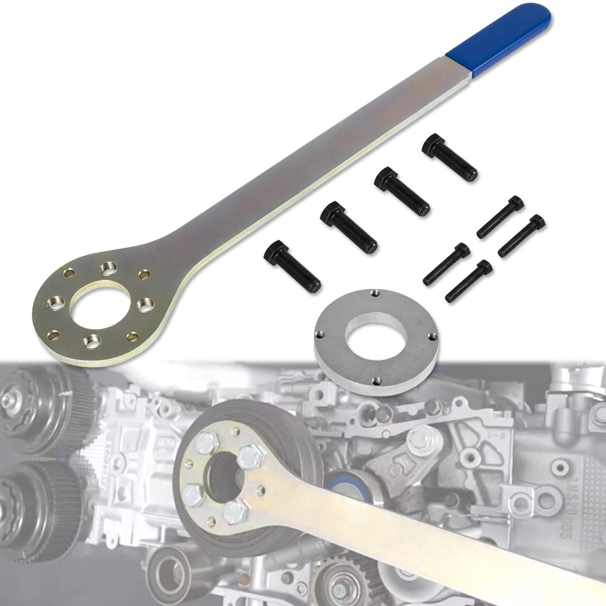 Yoursme crank pulley tool with screws holder in front view for timing belt service