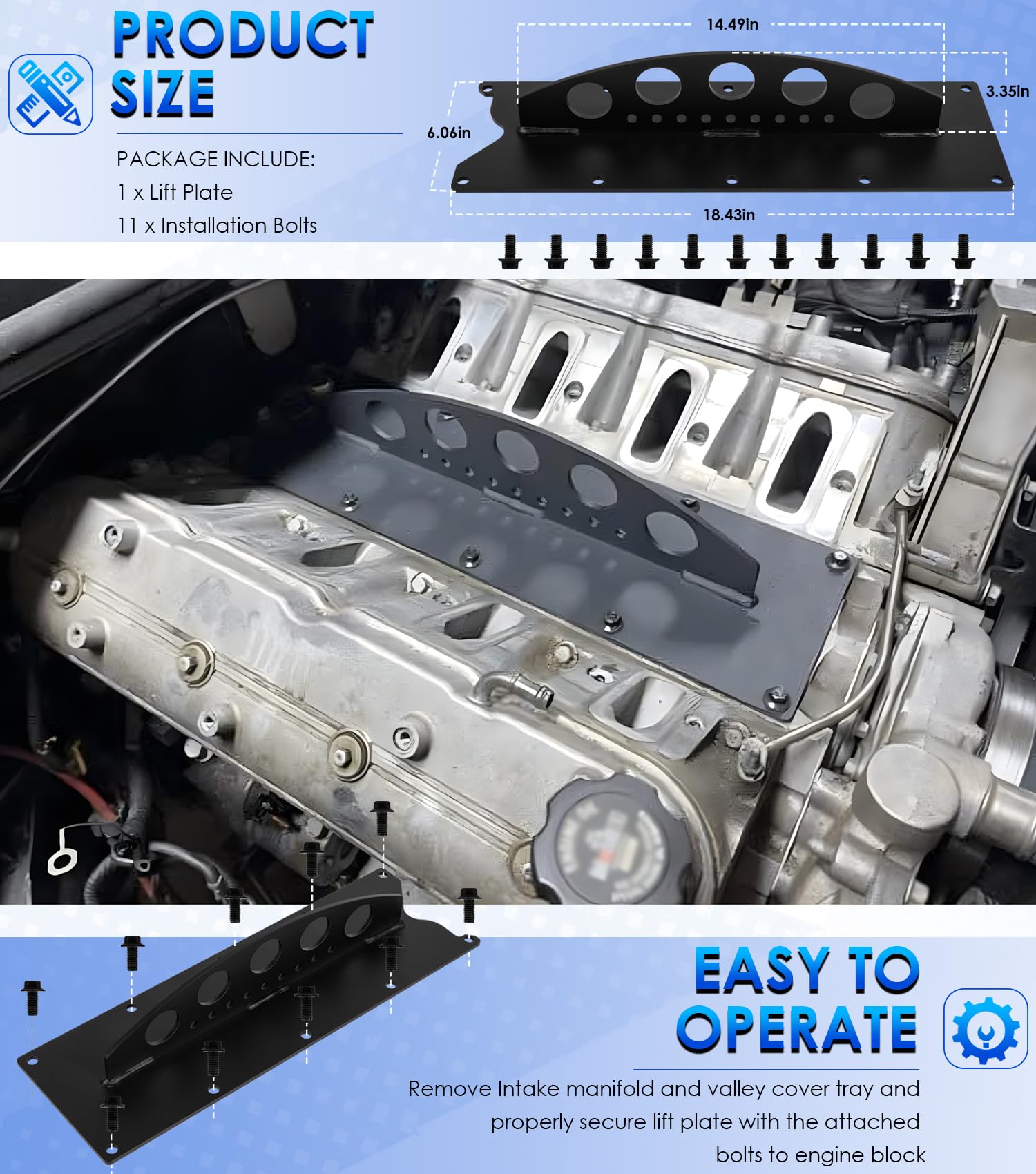Yoursme lift plate installed on engine block for safe, efficient lifting