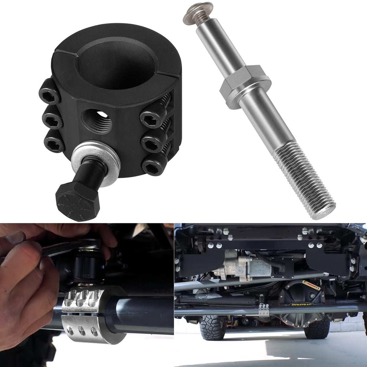 Yoursme steering stabilizer tie rod clamp side view showing compact bolt-on design