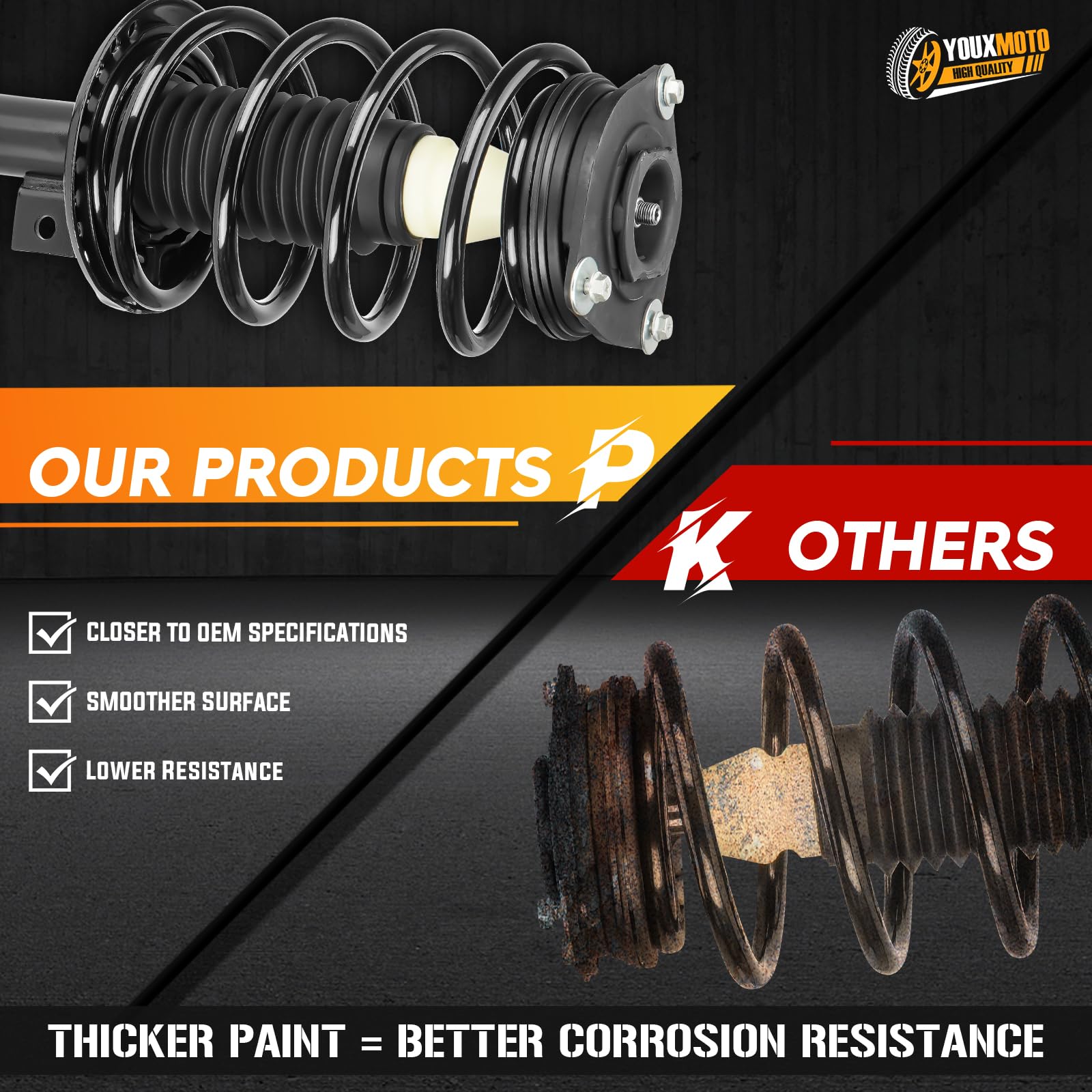 Youxmoto front struts with mounts and coil components deliver long-lasting durability.