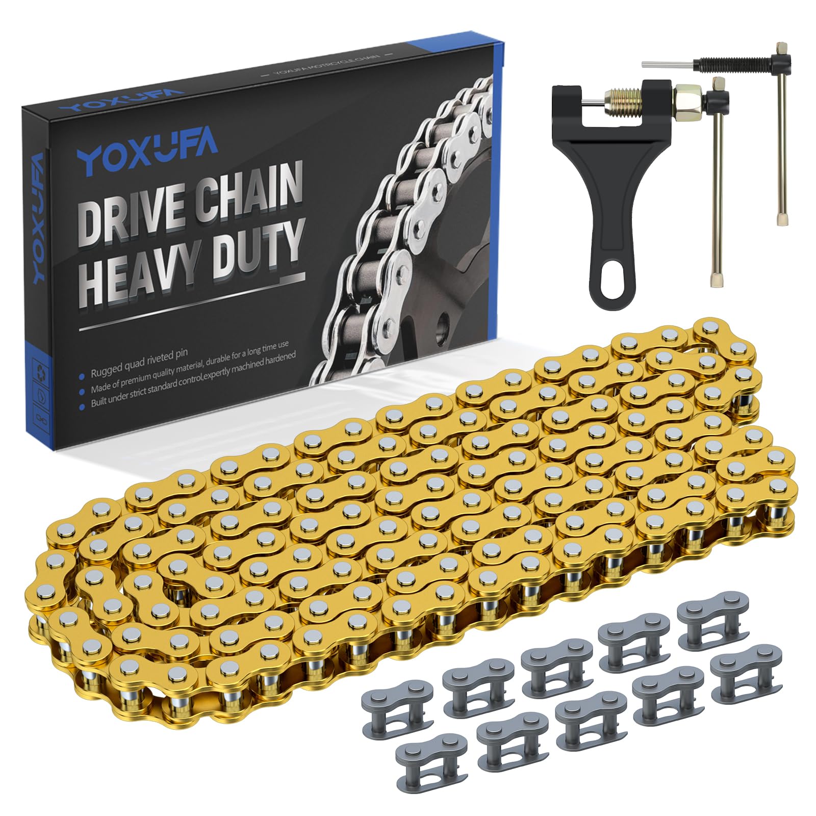 YOXUFA 420 chain gold 132-link close-up on sprocket for durable power transfer