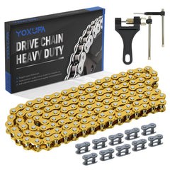 YOXUFA 420 chain gold 132-link close-up on sprocket for durable power transfer