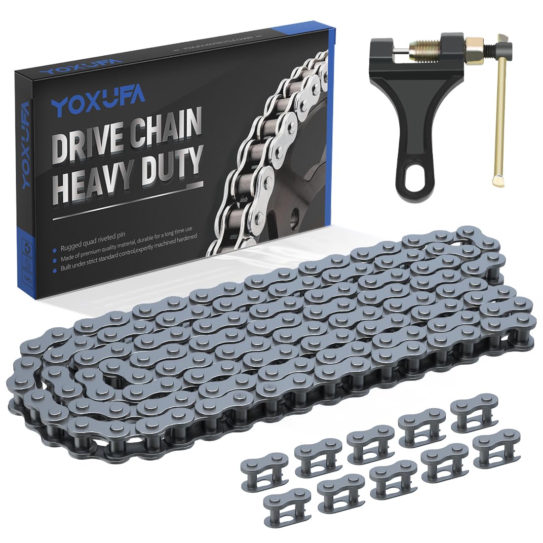 YOXUFA 420 chain close-up showing 132 links for dirt bike maintenance