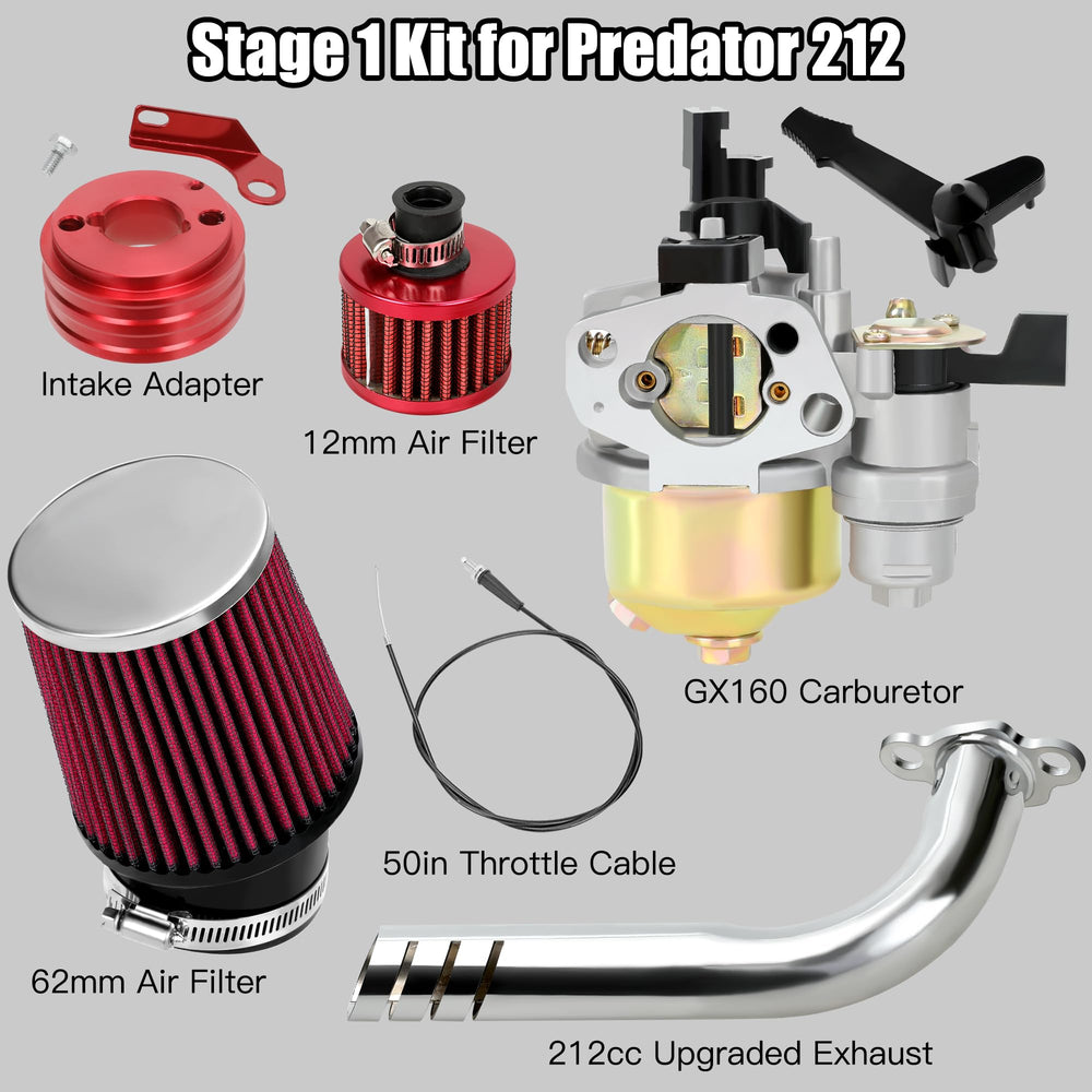 YOXUFA packaging contents shown: carb kit, exhaust, filters, cables.