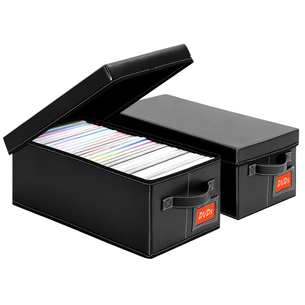 Yoyobubu DVD storage box in black faux leather front view, a sleek media organizer.