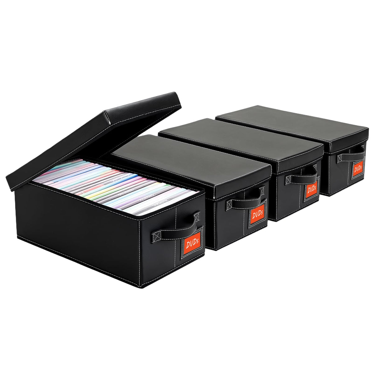 yoyobubu DVD storage box lid closed in black faux leather; sleek home media organizer.