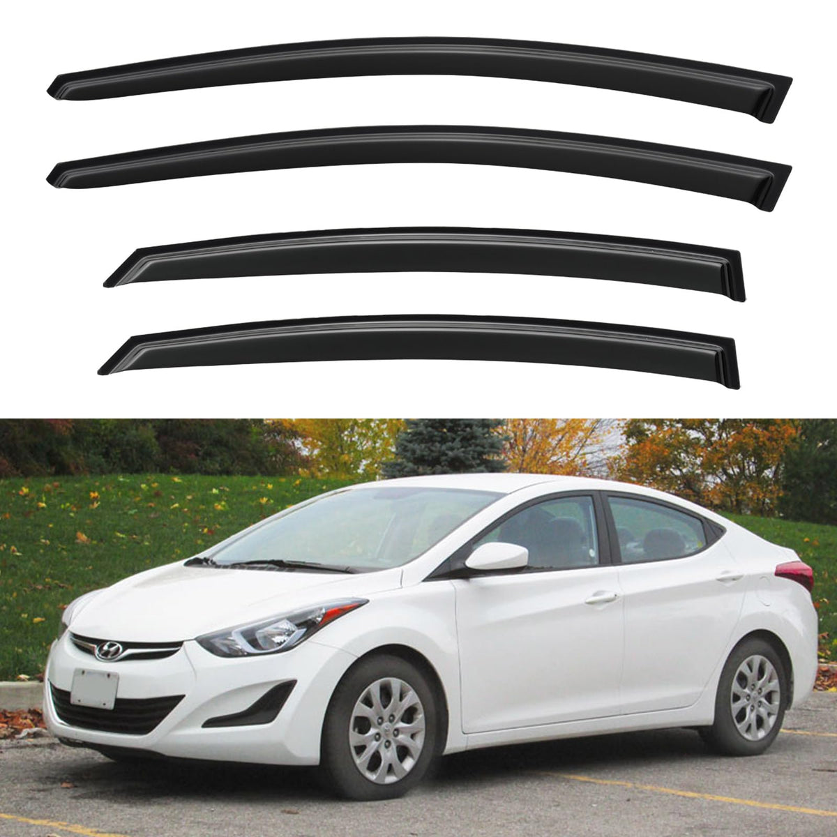 YQAUTEC Elantra window visor front-left view shows airflow and rain protection.