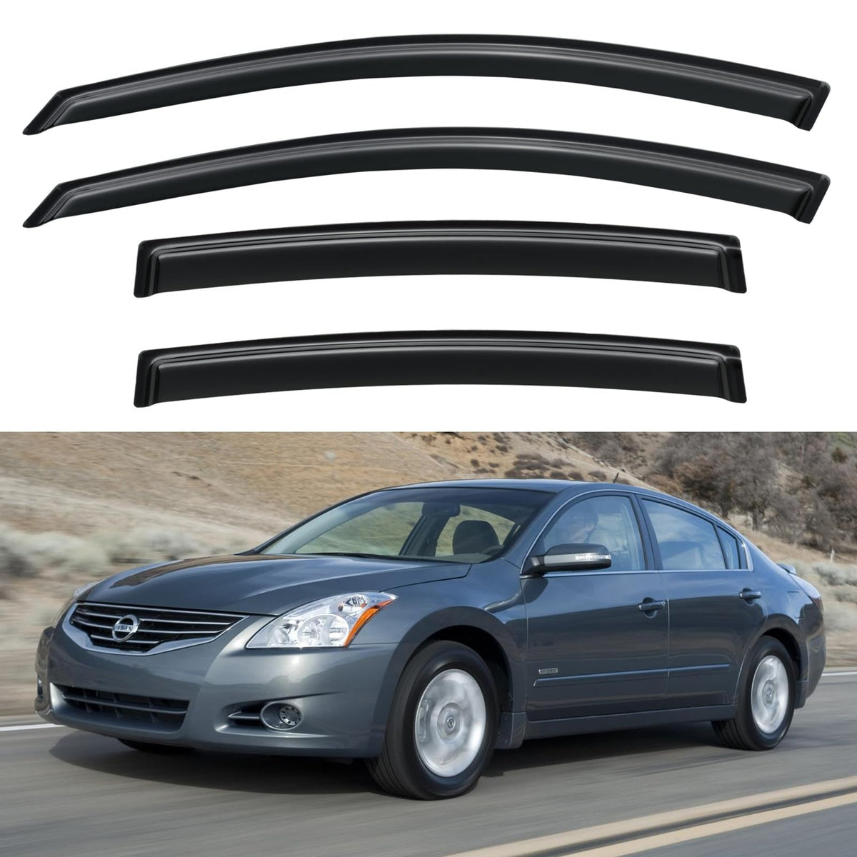 YQAUTEC Altima window visors out-channel design for rain protection and airflow.