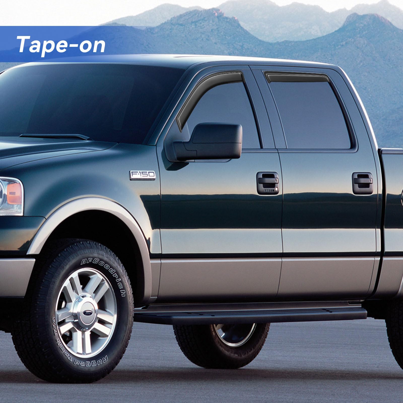 YQAUTEC F-150 rain guards enabling cracked-window ventilation in rain.