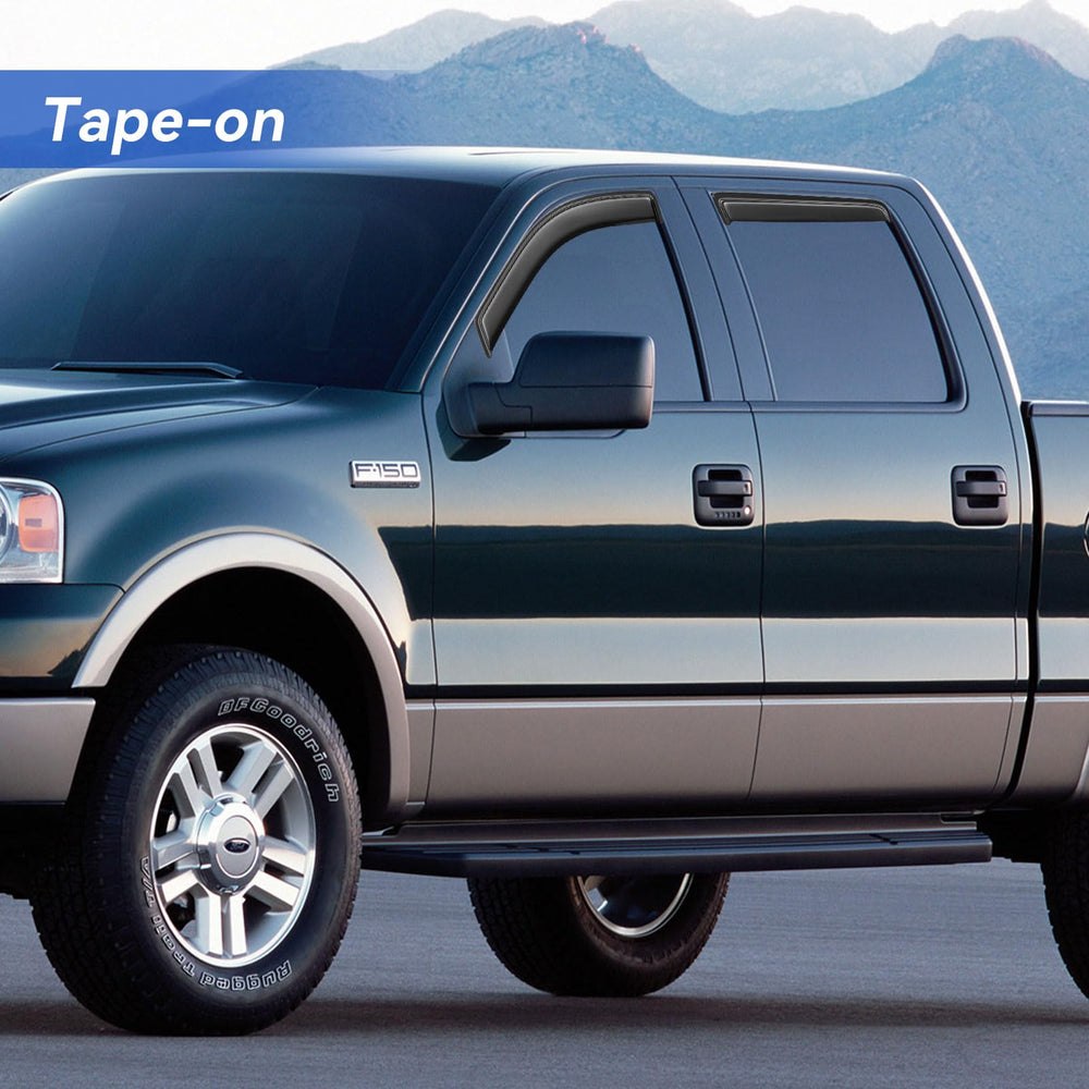 YQAUTEC F-150 rain guards enabling cracked-window ventilation in rain.