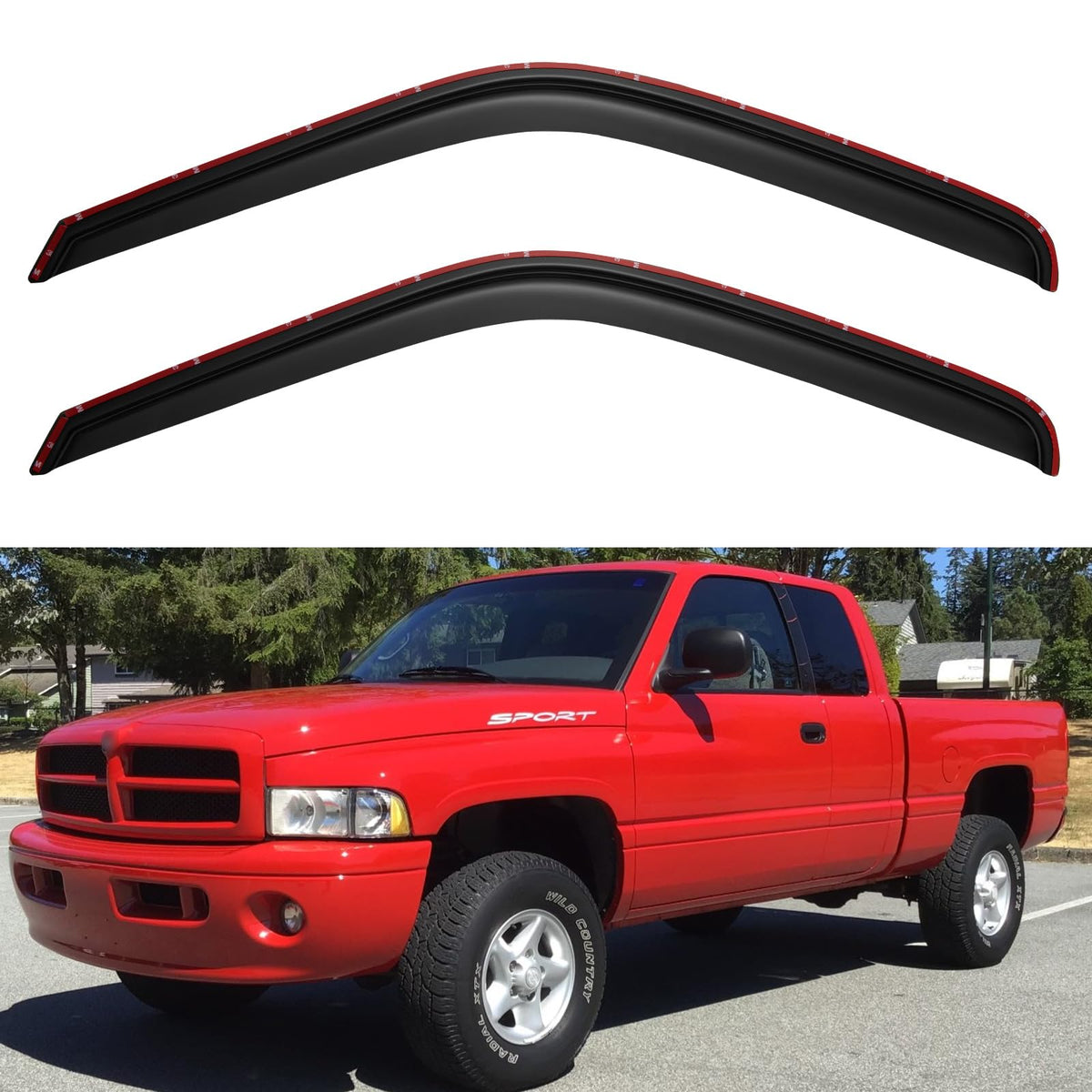 YQAUTEC in-channel visor on Ram 1500 front-left for rain protection and airflow.