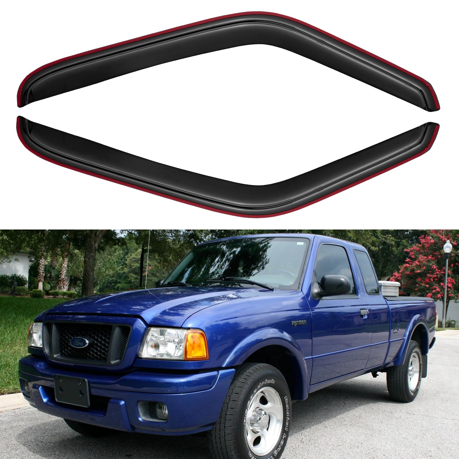 YQAUTEC window visors for Ford Ranger with in-channel fit deflecting rain