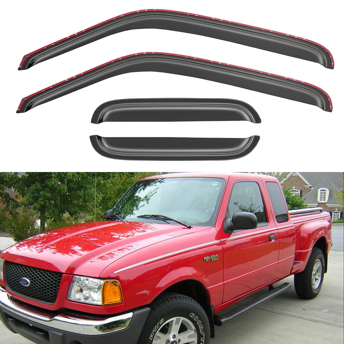 YQAUTEC in-channel window visor for Ford Ranger front left door; rain protection with vented air.