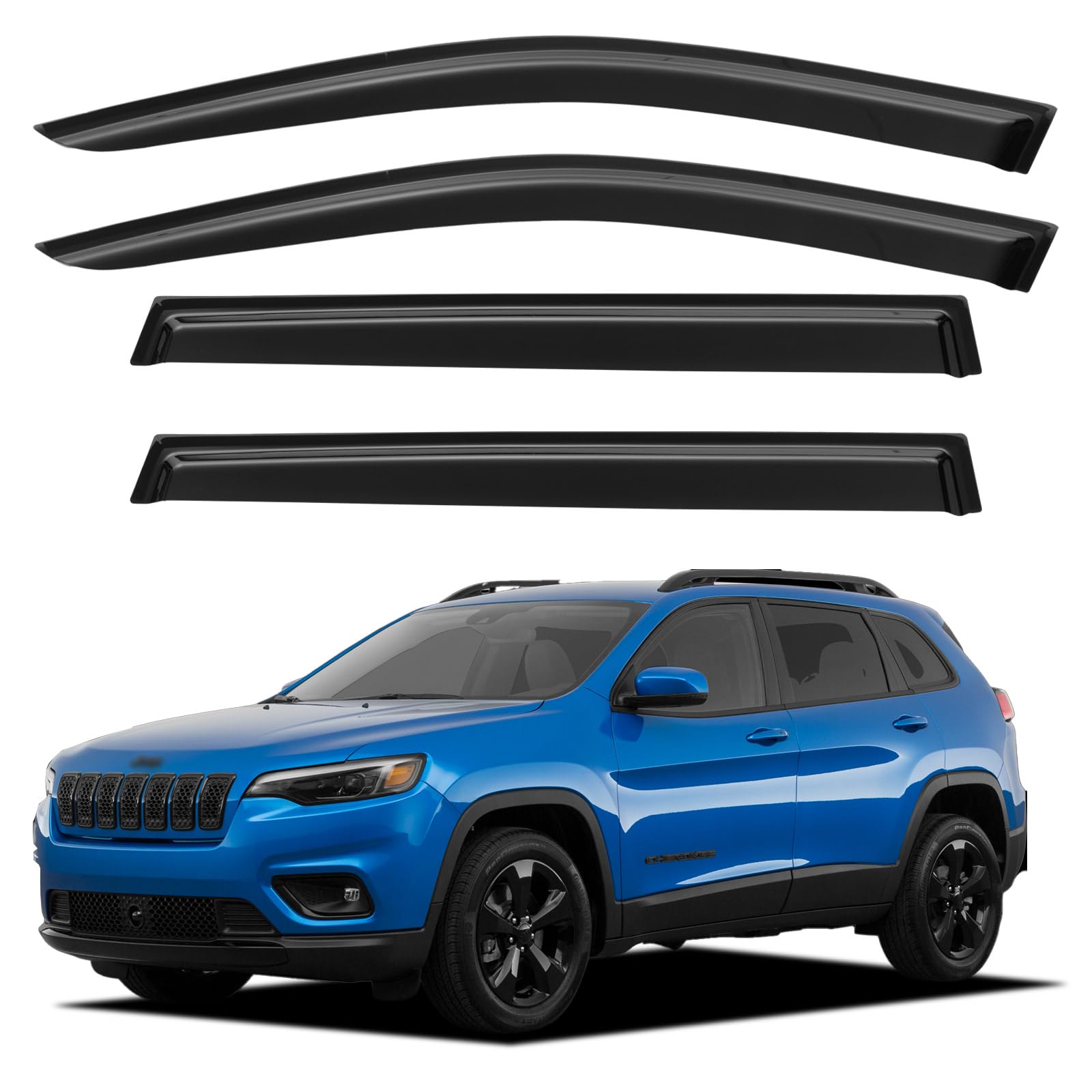 YQAUTEC window visors on Jeep Cherokee front-left deflect rain and boost airflow