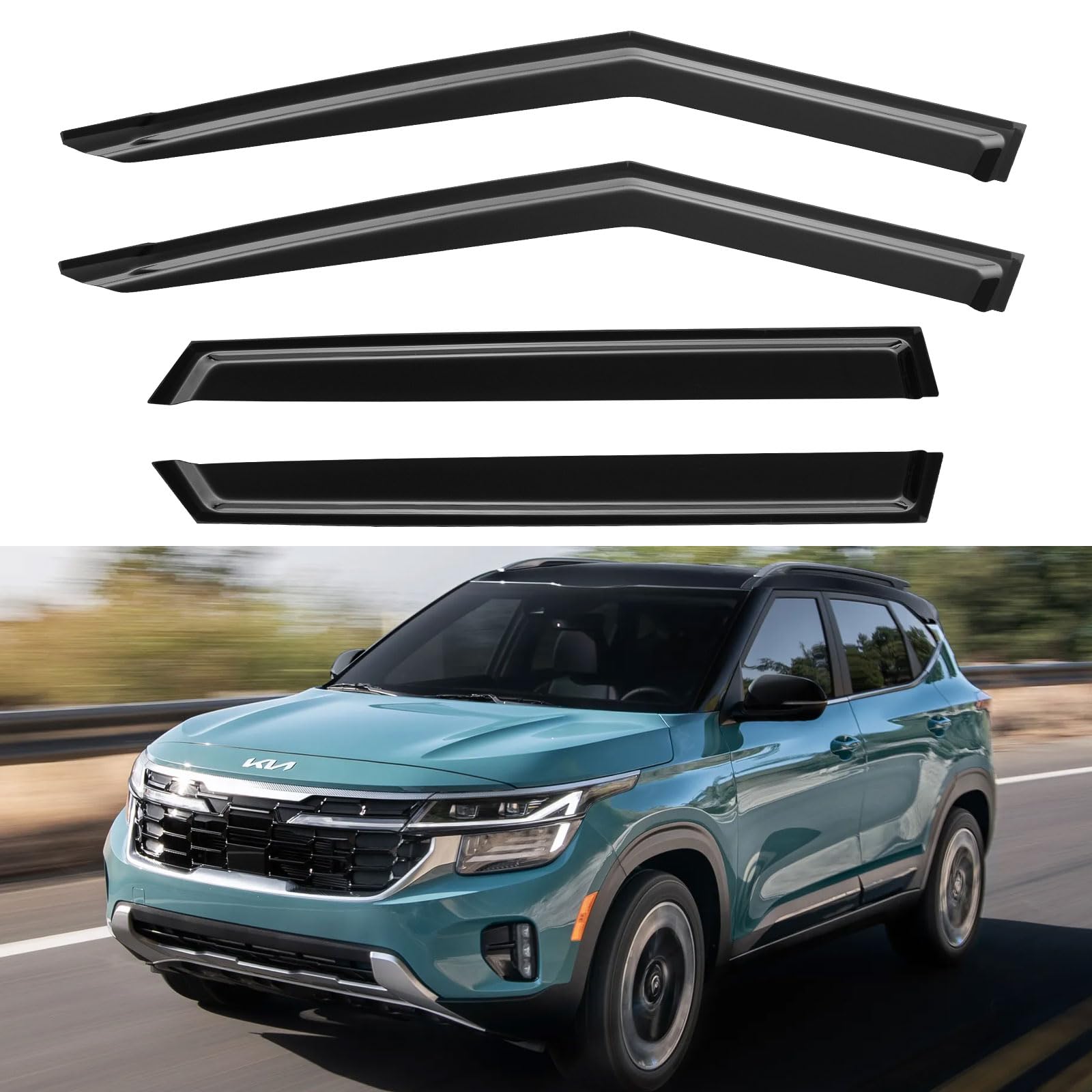 YQAUTEC Seltos window visors front view showing airflow and rain protection