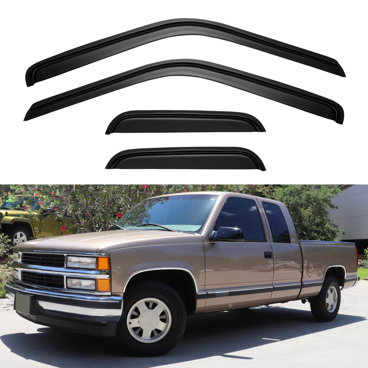 YQAUTEC window visor for outside-channel Chevy/GMC extended cab with rain protection