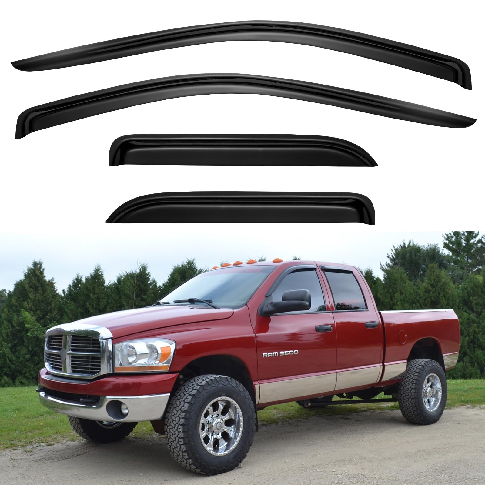 YQAUTEC window visors for Dodge Ram 1500 quad cab front view protection from rain while driving