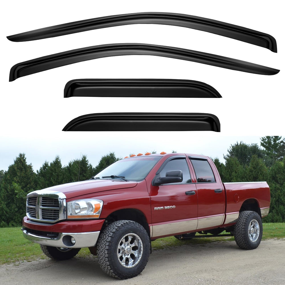 YQAUTEC window visors for Dodge Ram 1500 quad cab front view protection from rain while driving