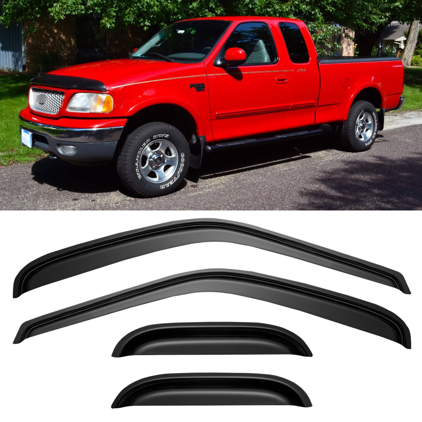 YQAUTEC window visors for F150 Supercab; out-channel design reduces wind noise while driving.