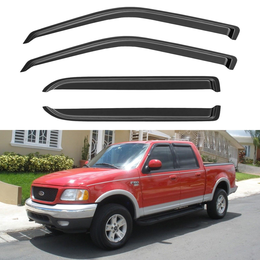 YQAUTEC window visors on Ford F-150 front doors shield rain while allowing airflow.