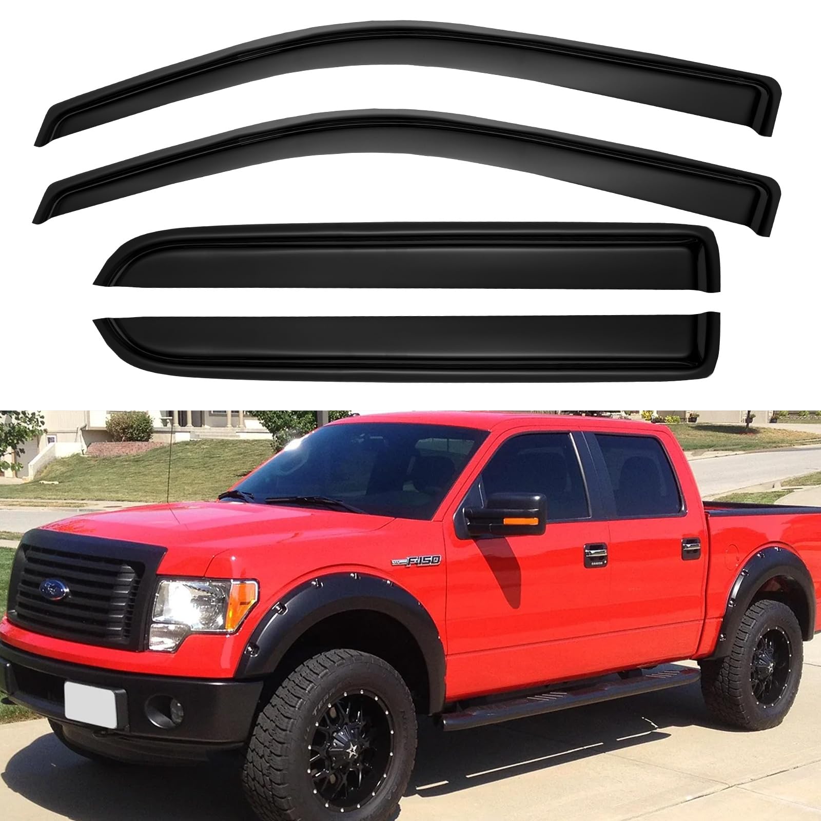 YQAUTEC window visors for F-150 Front View deflect rain while enhancing airflow
