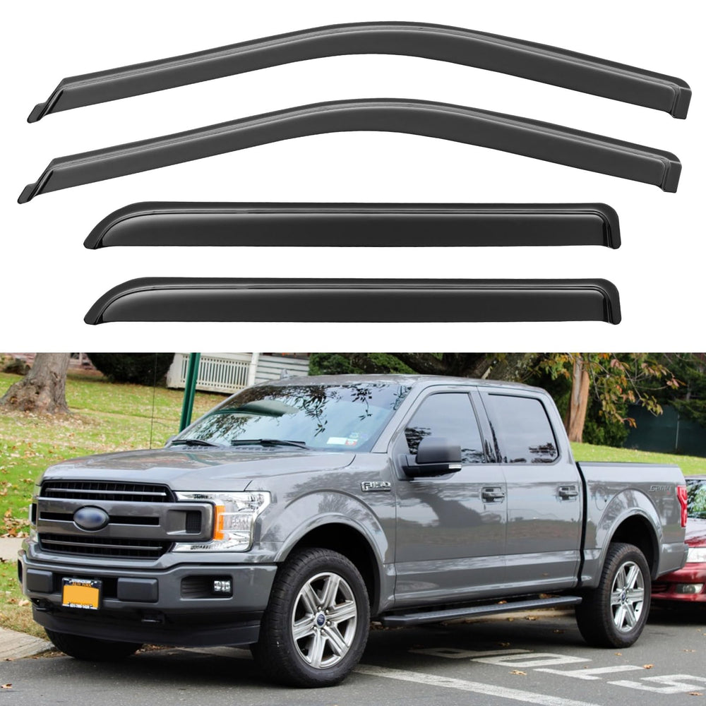 YQAUTEC Window Visors on Ford F-150 side profile for rain protection and airflow.