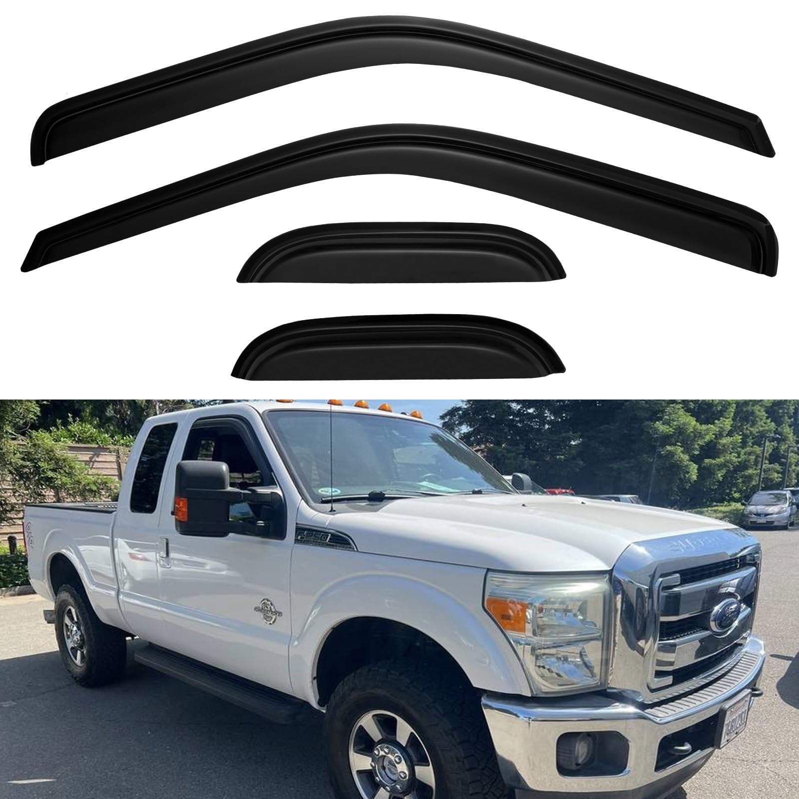 YQAUTEC window visors for Ford F-250 front view showing rain protection and airflow