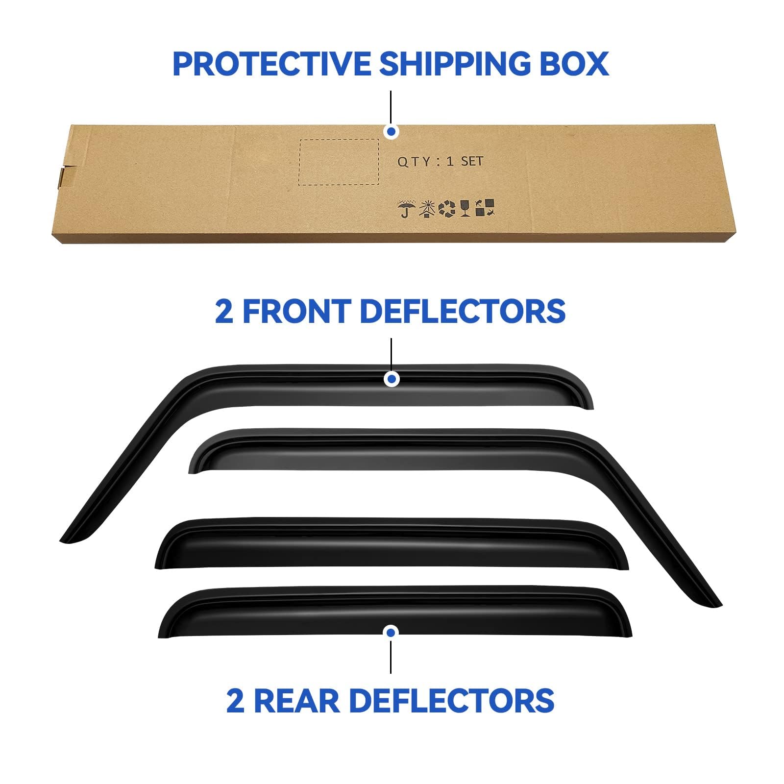 YQAUTEC Jeep Wrangler rain guards installed, outside mount, UV resistant material