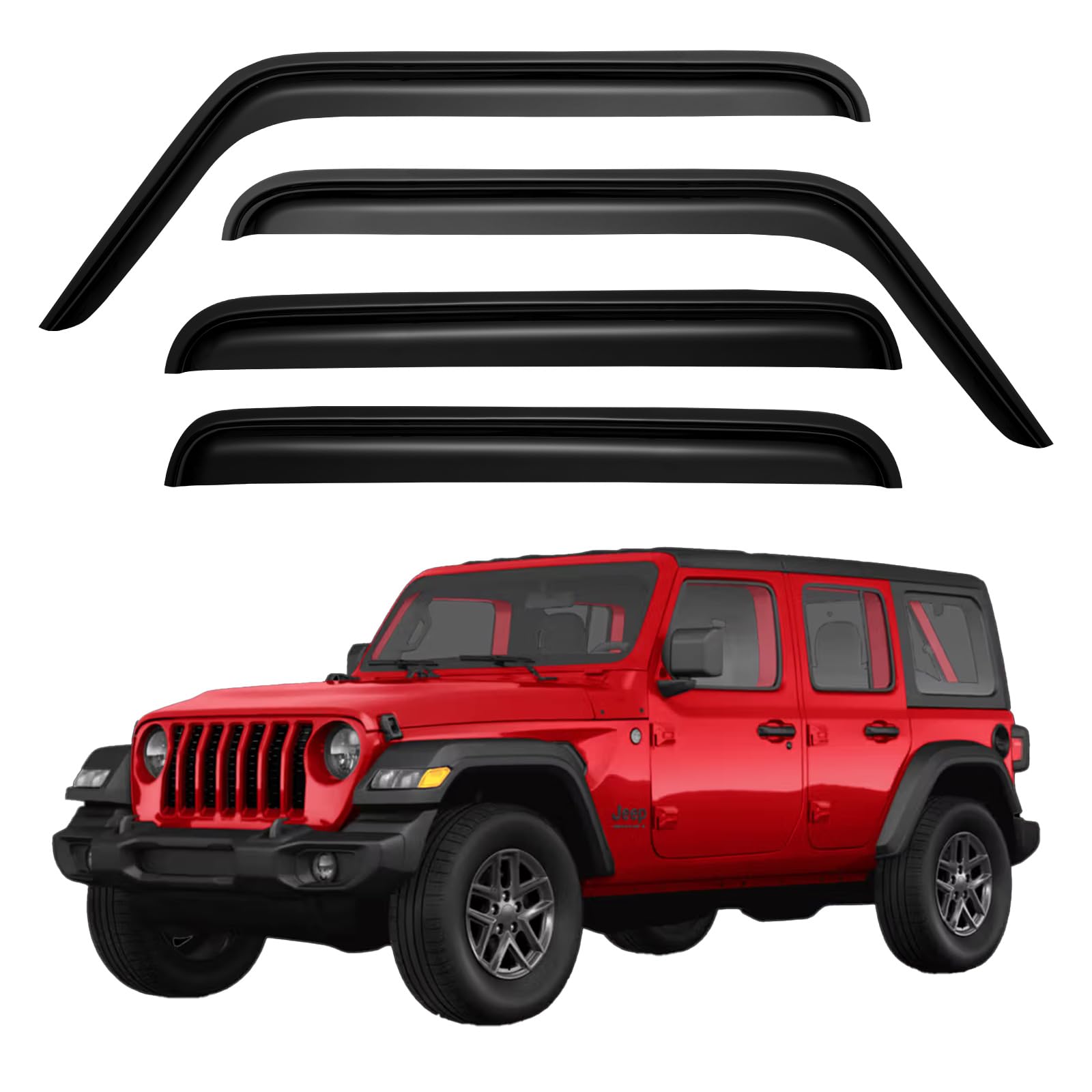 YQAUTEC window visors for Jeep Wrangler JK, front-left view, rain shielding while driving