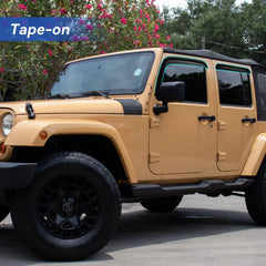 YQAUTEC rain guards on Jeep Wrangler JK, rear-left, keeps rain out and reduces wind