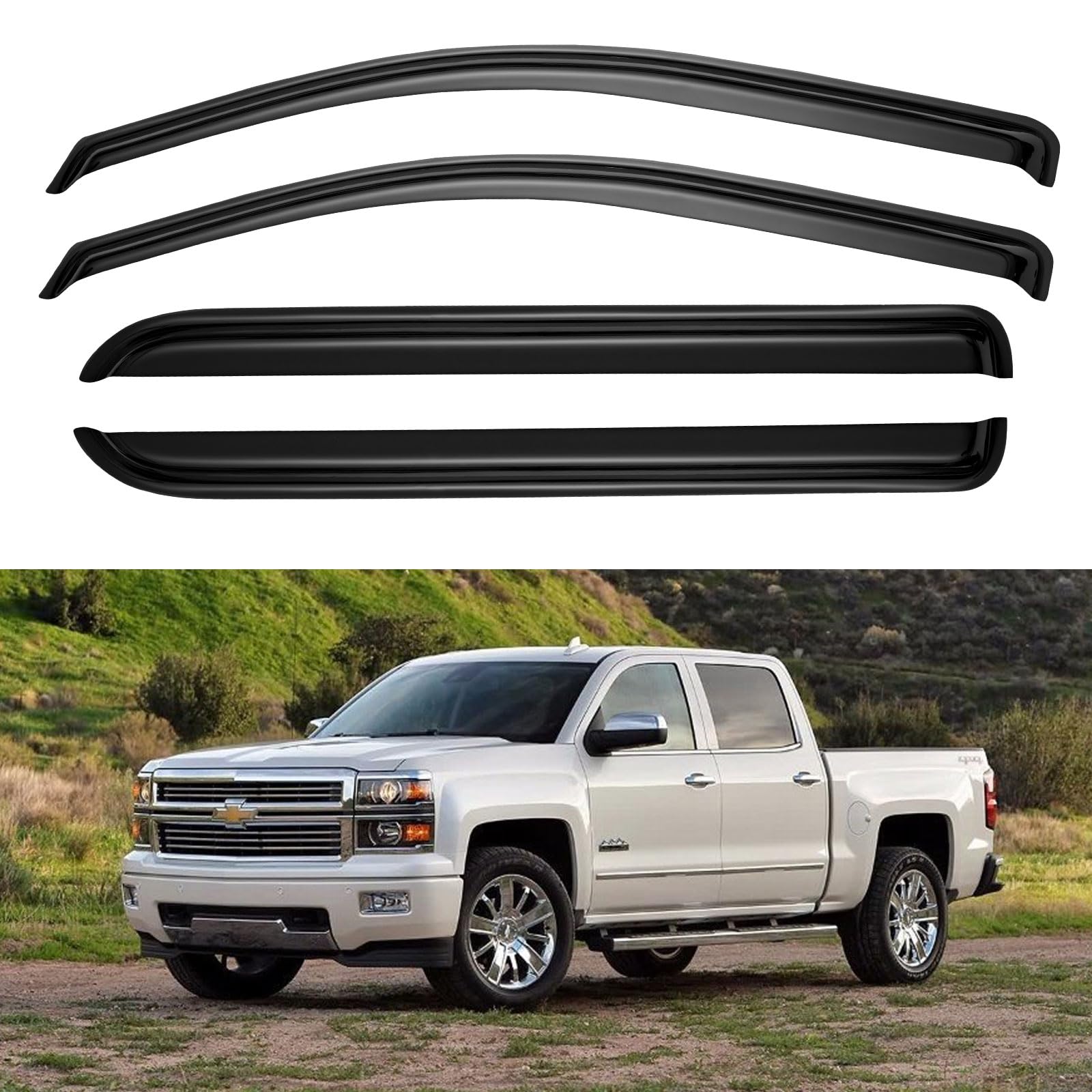 YQAUTEC window visors out-channel fullsize crew cab in use, deflecting rain while allowing airflow