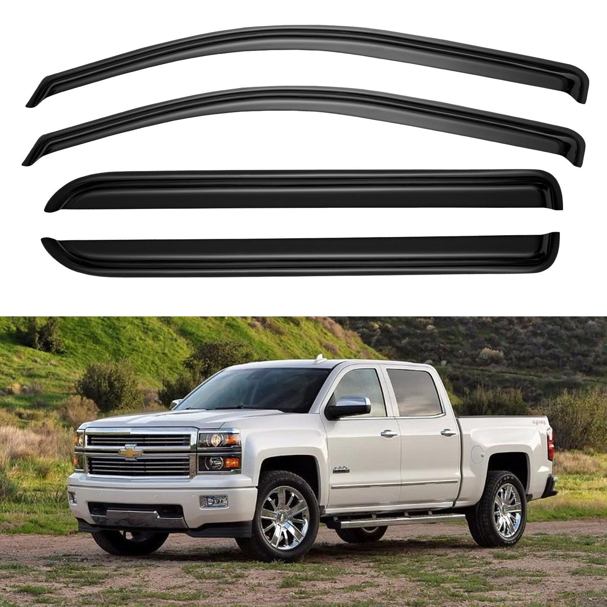 YQAUTEC window visors out-channel fullsize crew cab in use, deflecting rain while allowing airflow