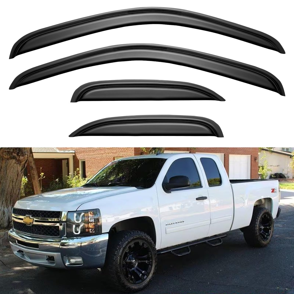 YQAUTEC window visors rain guard installed on Chevy Silverado 1500 extended cab, reducing wind noise