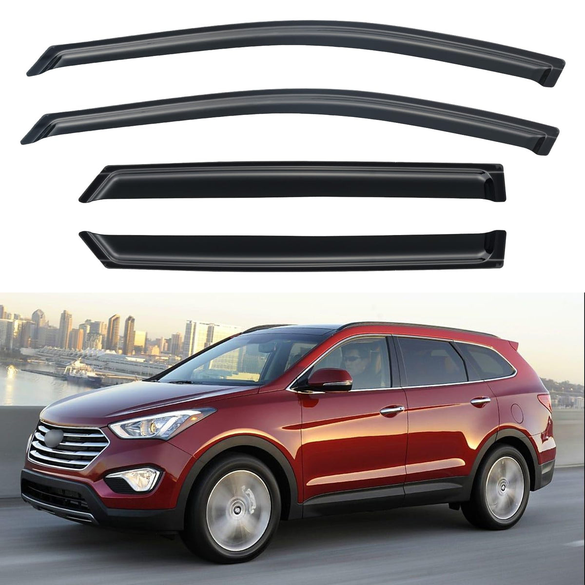YQAUTEC window visors installed on Hyundai Santa Fe side view protecting from rain