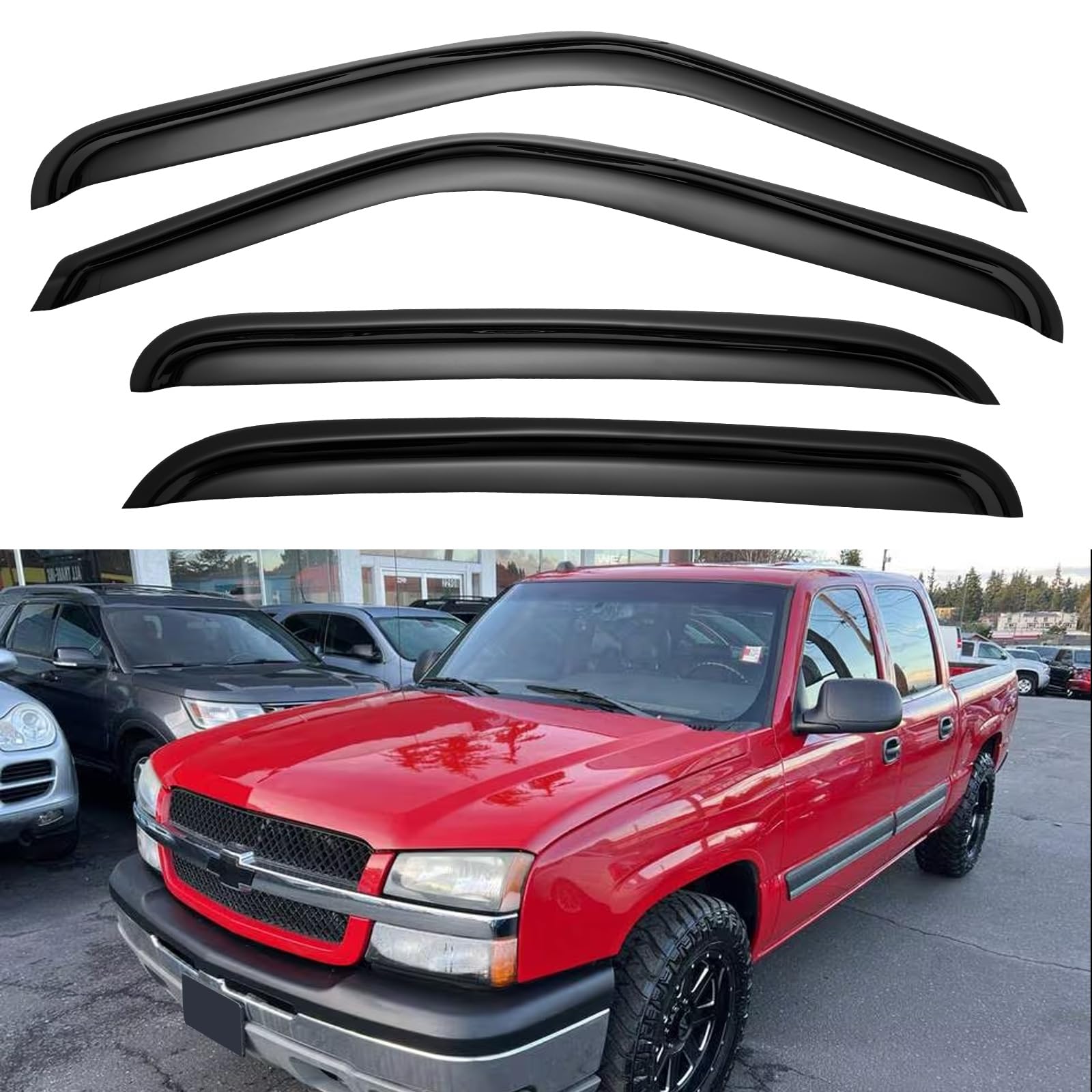 YQAUTEC window visors on Silverado Crew Cab deflect rain while improving airflow.