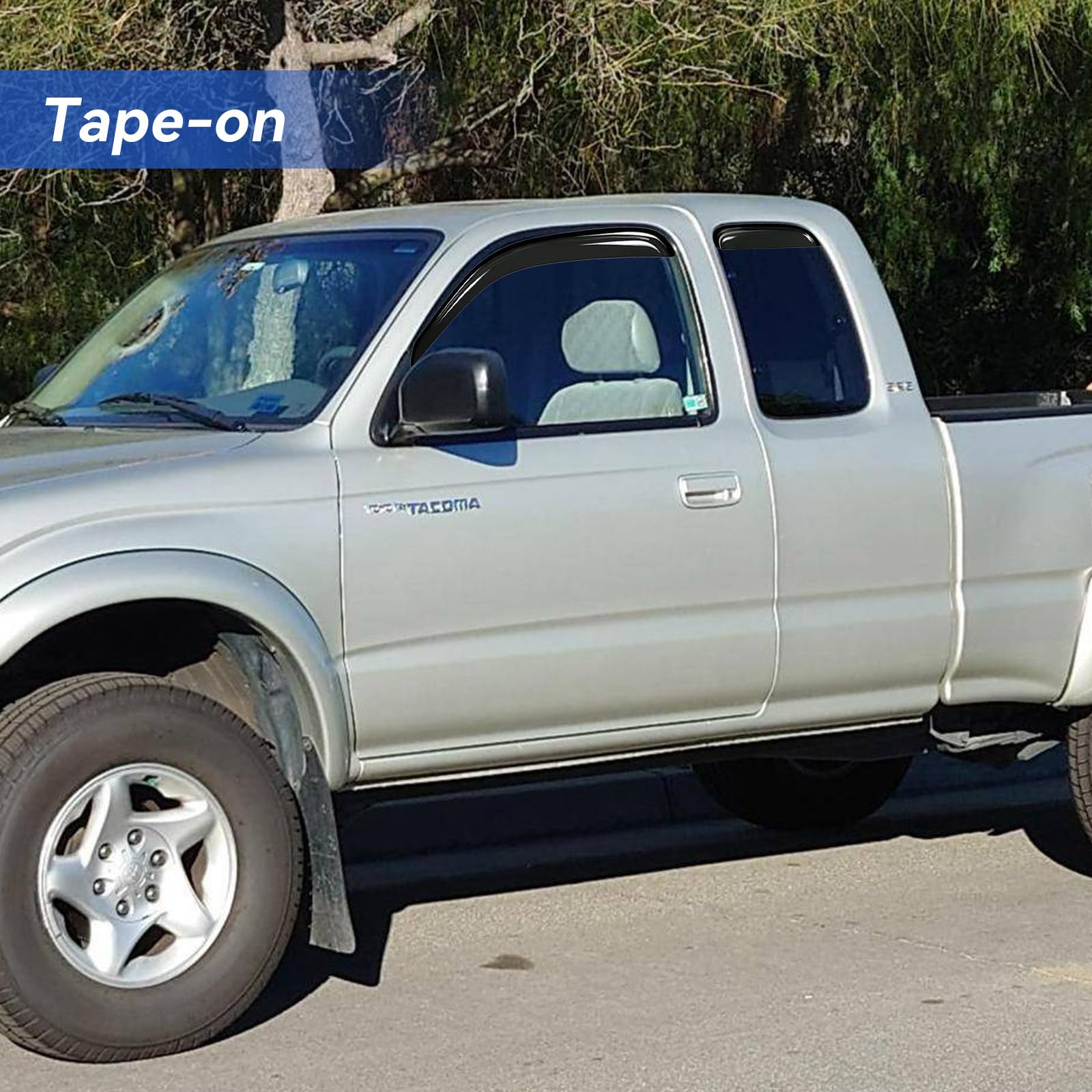 YQAUTEC window visors on Tacoma 95-04 rear-right installation close-up.